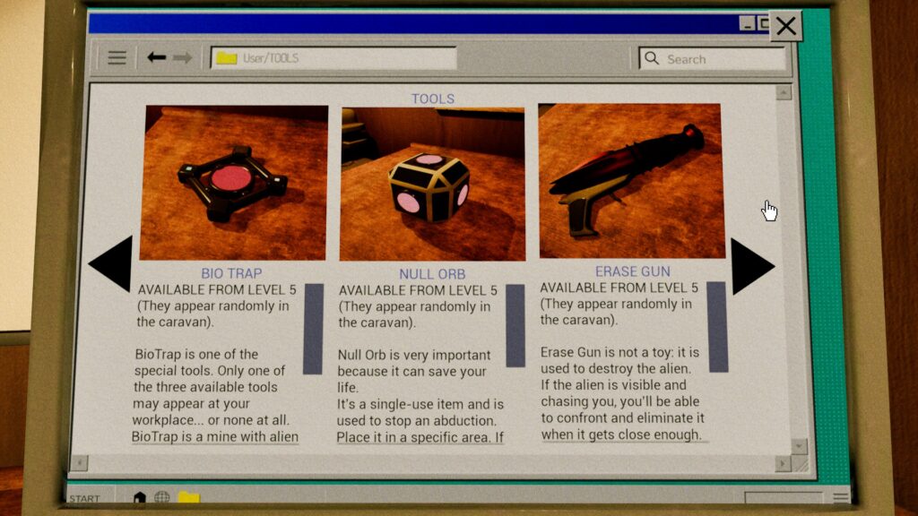 UFOPHILIA - A laptop screen showing three tools, their images lined at the top. Underneath each image is the name of the item and a piece of blurb describing its use.