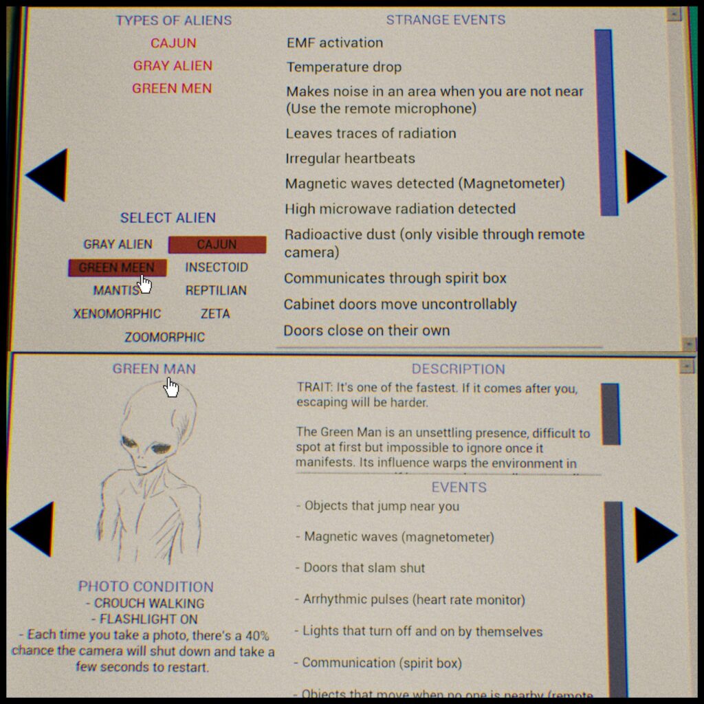 UFOPHILIA - The top image is a laptop screen showing the types of aliens on the top left, alien selection on the bottom left with two types highlighted in red, and strange events on the right. The bottom image is a laptop screen showing the alien type Green Man. The name is on the top left, an image of the Green Man under its name. The bottom left are the conditions for taking images, the right of the screen is more blurb on the aliens description and events it performs.