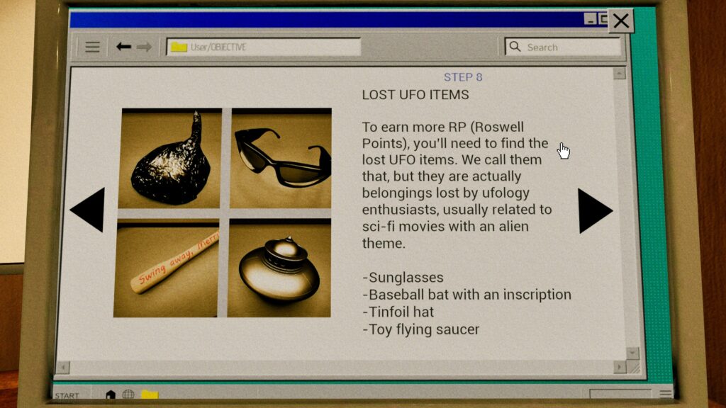 UFOPHILIA - A laptop screen displaying lost UFO items. All four images are on the left of the screen in boxes that make a larger square. The right side is a blurb explaining the items.