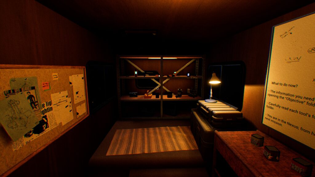 UFOPHILIA - The interior of a van, fitted with a shelving unit at the back, containing many items used for investigating, a strip light shining onto the items from the top of the shelving unit. A lamp to the right is sat on two large boxes, letting out a soft warm light. A cork board on the left wall and a whiteboard on the right wall of the van, both containing various alien information. A table is on the right under the whiteboard, featuring more items used in the levels. A striped rug lays on the floor.