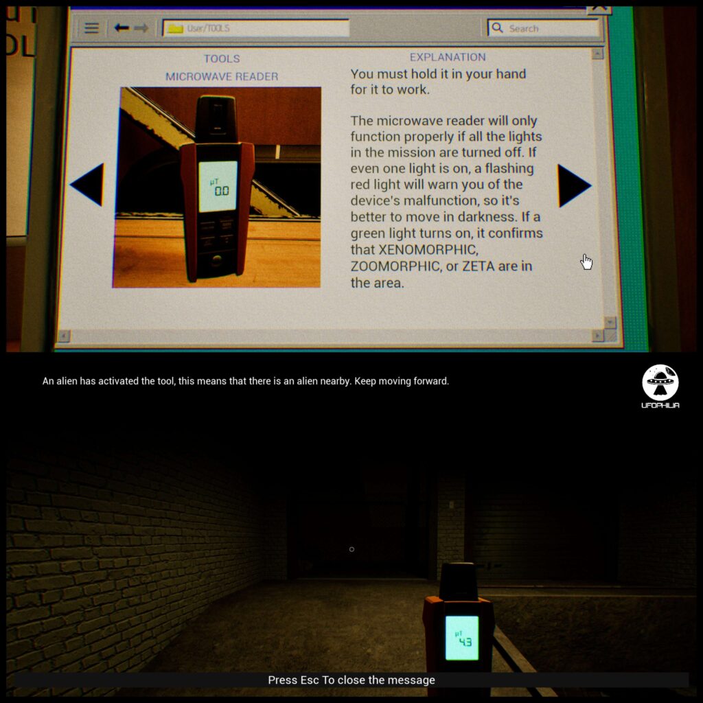 UFOPHILIA Top image is a laptop screen, featuring the use of an item known as a Microwave Reader. It shows the tool image on the left with the blurb of its information on the right. The image below shows the Microwave Reader being used in training. It is a dark, concrete room, slightly illuminated by a light above, the item in use and text at the top and bottom expressing the items usage has been successful.