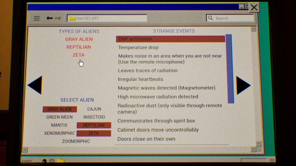UFOPHILIA - A computer screen displaying types of aliens on the top left, strange events to the right and alien selection to the bottom left. A strange event has been selected in red, providing a list of three alien types on the top left. The names of which have been selected in red on the bottom left.