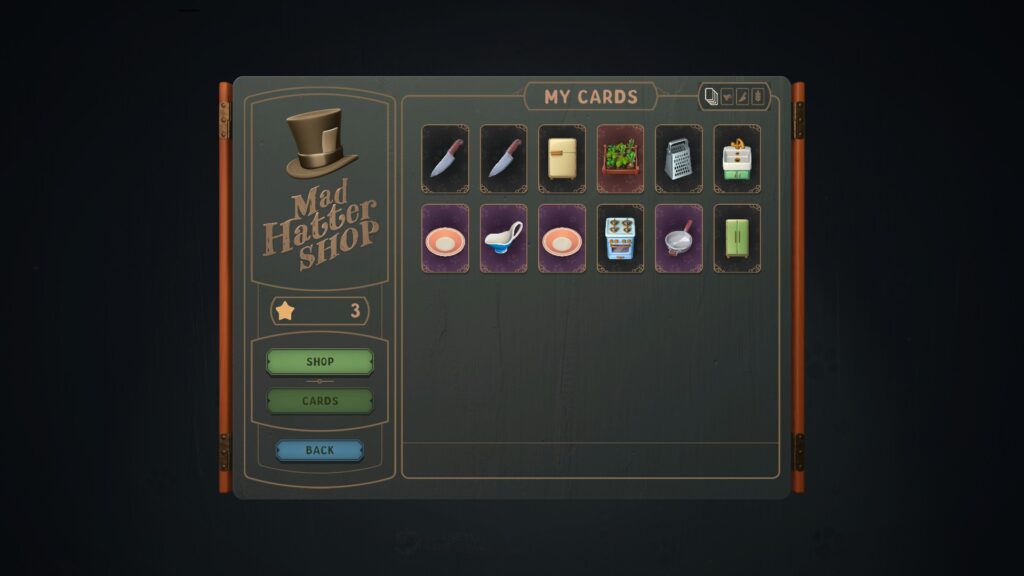 In the shop you will be able to buy new card, and see the ones you already own - Abra-Cooking-Dabra