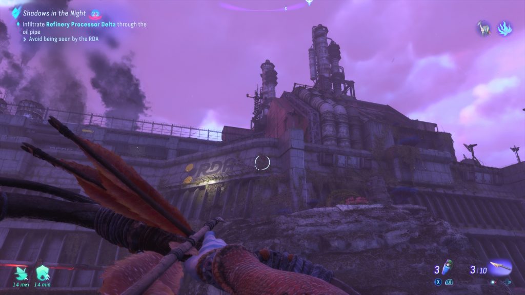 Gameplay view of you exploring an old RDA site - The Sky Breaker