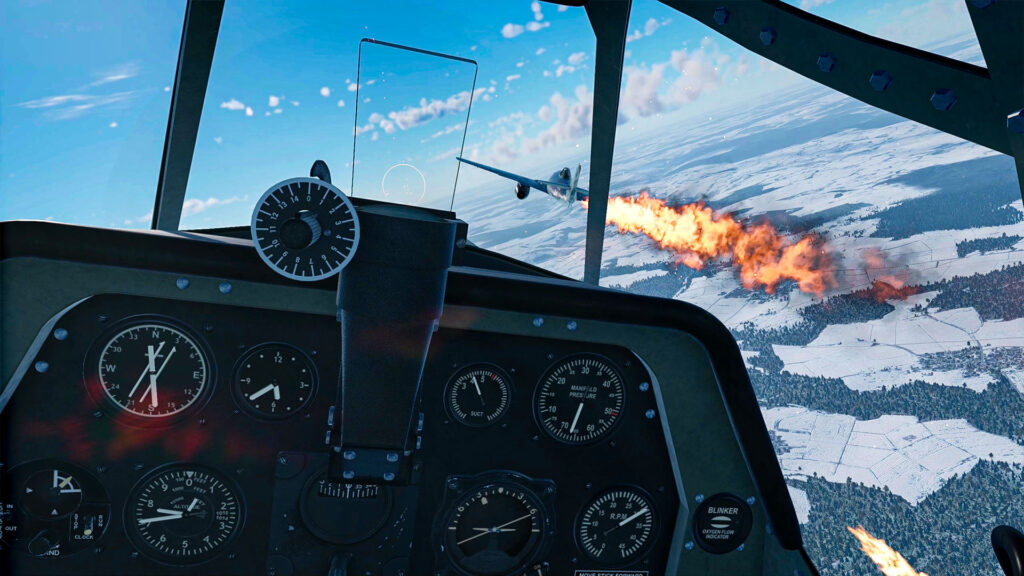 Aces of thunder - pov from a cockpit chasing another plane that has a trail of fire coming from it