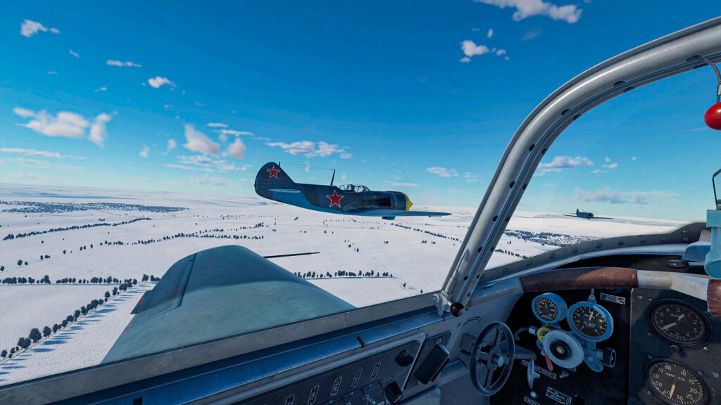 Aces of Thunder - first person view in a cockpit looking left at one of your wingmen. the plane is a Soviet Lavochkin La-5FN.