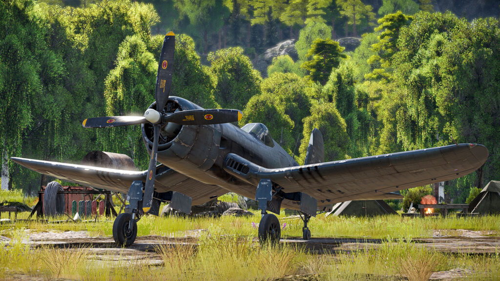 Aces of Thunder - A Vought F4U Corsair sits at a makeshift runway at a pop up camp site