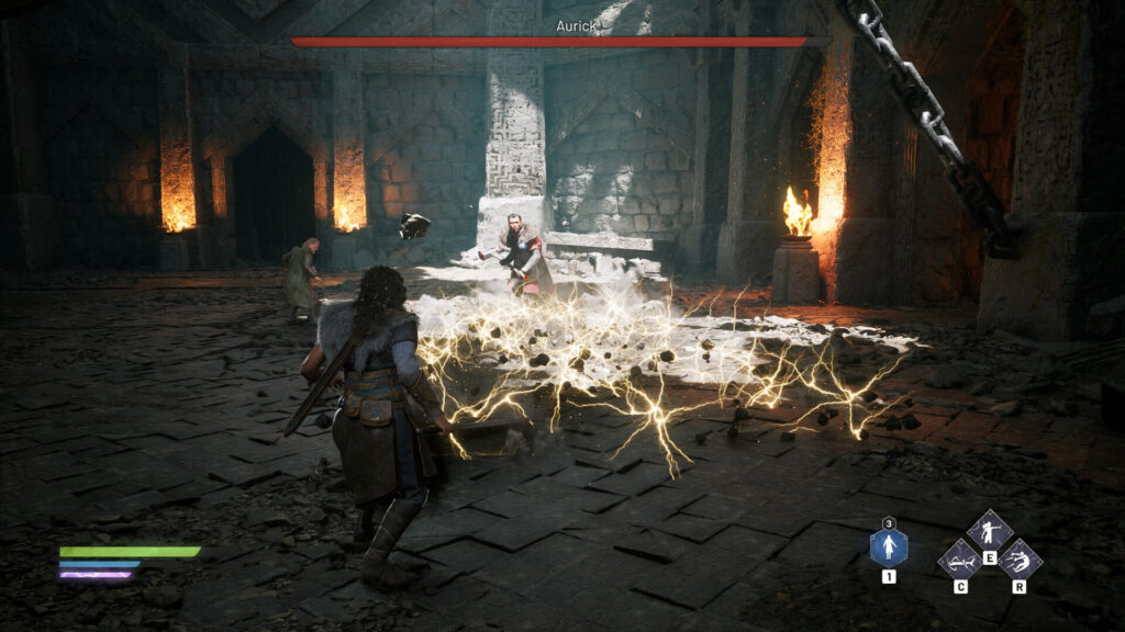 Echoes of the End - Ryn and Abram face against a boss named Aurick. Electricity arc across the groung from the Aurick's Hammer