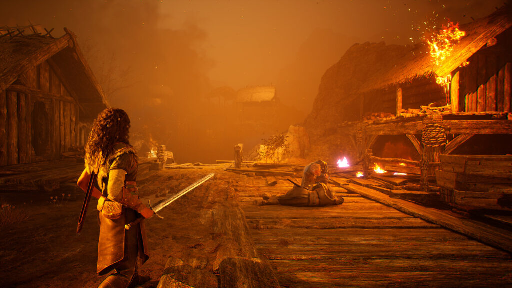 Echoes of the End - Ryn is in a burning village while Abram inspects a body on the ground