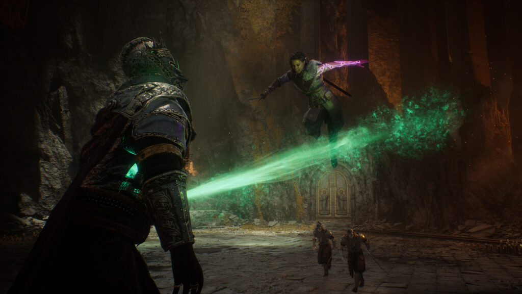Echoes of the End - Ryn fights a large Knight. She is in the air preparing to attack whie the knight has a wound on his chest leaking out green magic