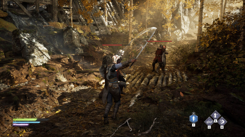 Echoes of the End. Ryn sword fights one Soldier while Abram has another in an arm lock. the setting is ina forest.