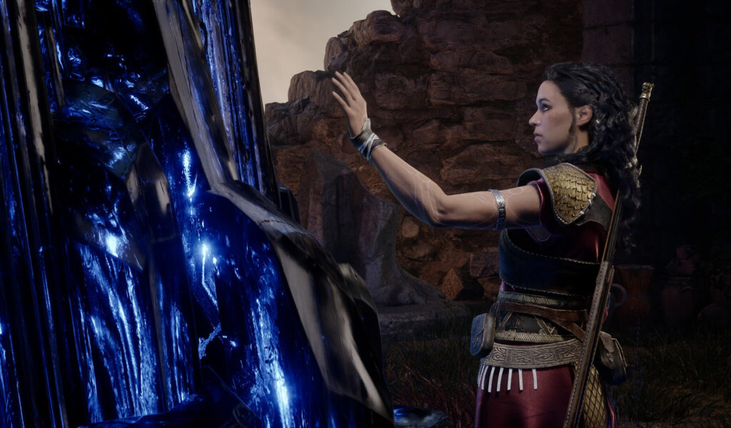 Echoes of the End - Ryn approaches a lage blue crystal infused with magic.