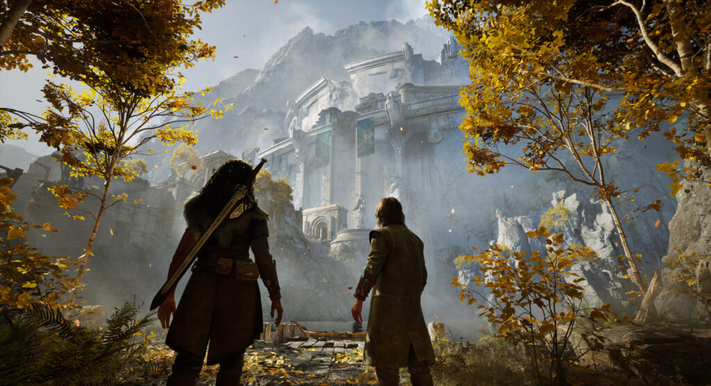 Echoes of the End - Ryn and Abram look up at a grand structure on the edge of a forest