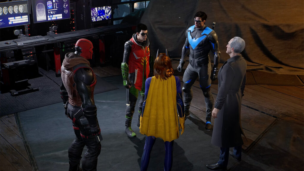 The team talking with Alfred, cut scene - Gotham Knights