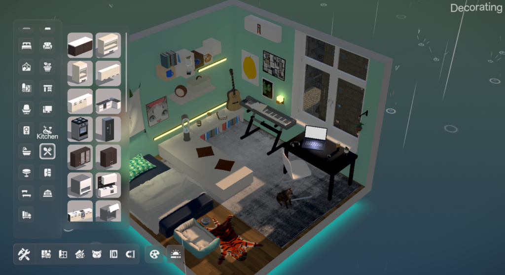 LoFi Haven - a tidy room with turquoise hues and a keyboard wotj tje furniture catalogue