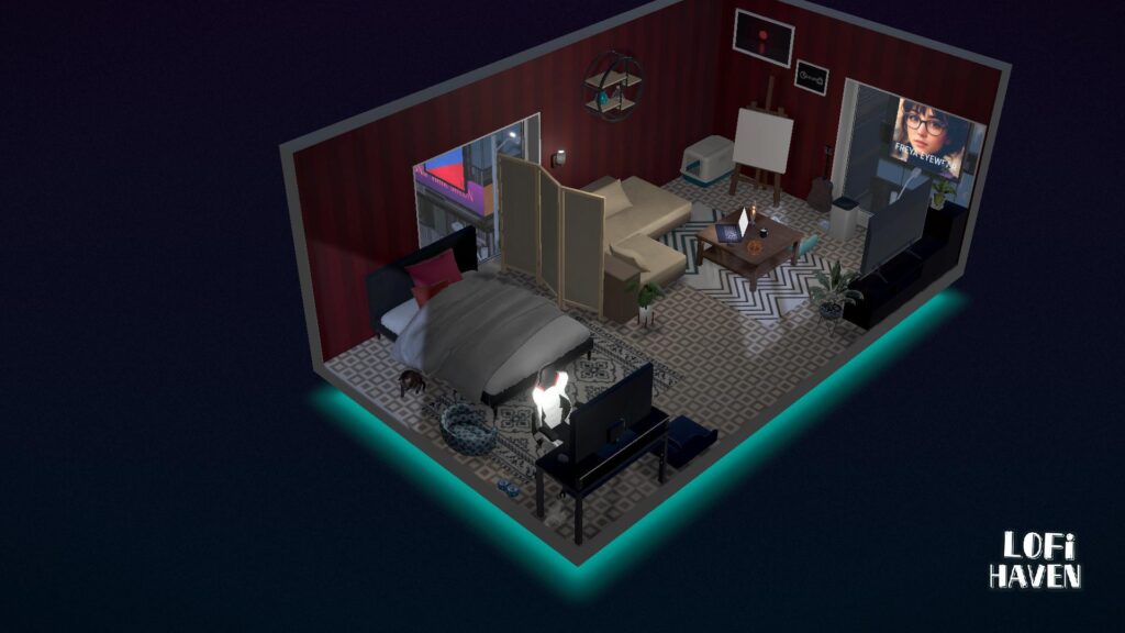 LoFi Haven - a reddish room in an evening setting and an AI picture in the bg