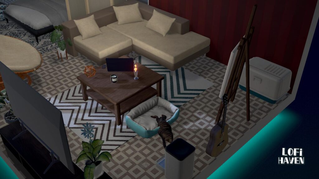 LoFi Haven - a reddish room with a cat stretching over the cat bed