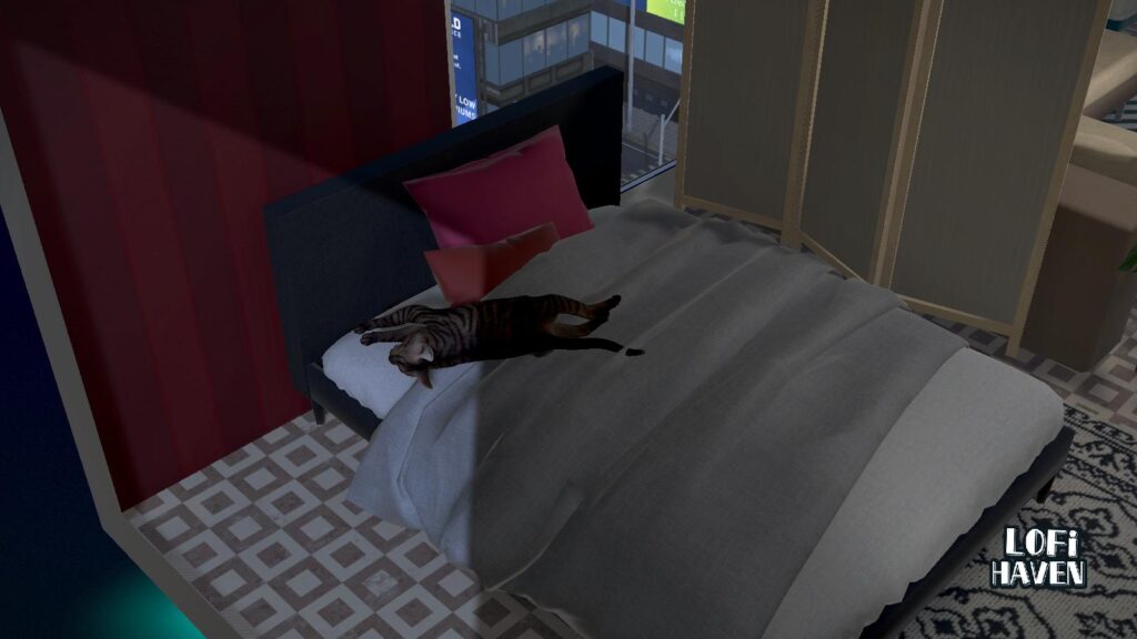 LoFi Haven - the cat stretching out over a bed