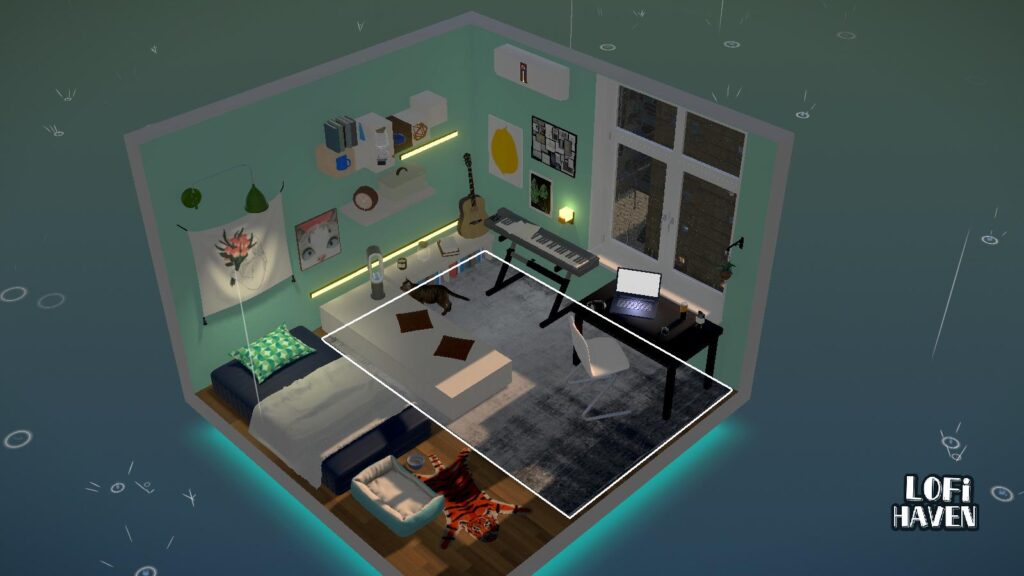 LoFi Haven - a tidy room with turquoise hues and a keyboard