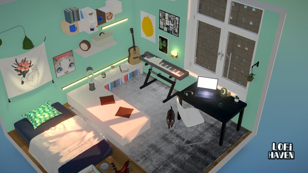 LoFi Haven - a tidy room with turquoise hues and a keyboard
