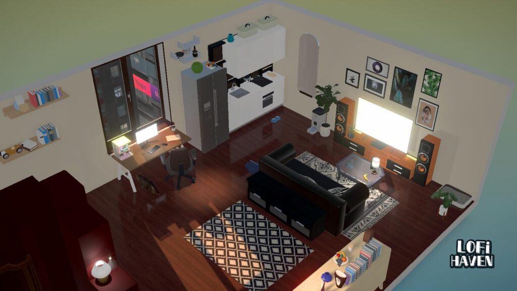 LoFi Haven - a creamy room with a kitchen/lounge set up