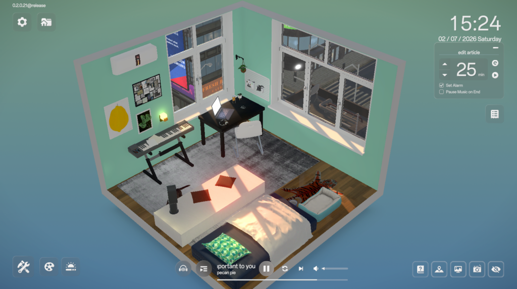 LoFi Haven - The UI over a tidy room with turquoise hues and a keyboard