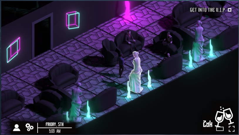 Vampire the Masquerade Heartless Lullaby - Zak explore a club corridoor decorated with sofas and statues