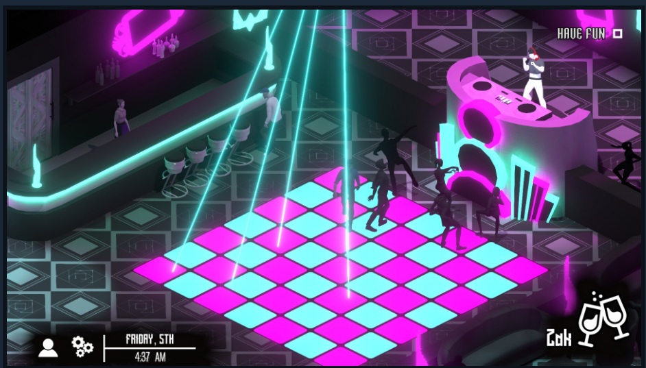 Vampire the Masquerade Heartless Lullaby - the dance floor is a mix of turquoise and purple. the objective "have fun" is displayed