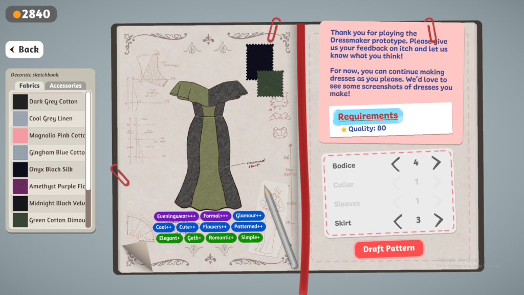 Dressmaker - The design diary screen showing a green and black dress with all the requirements you need to beat