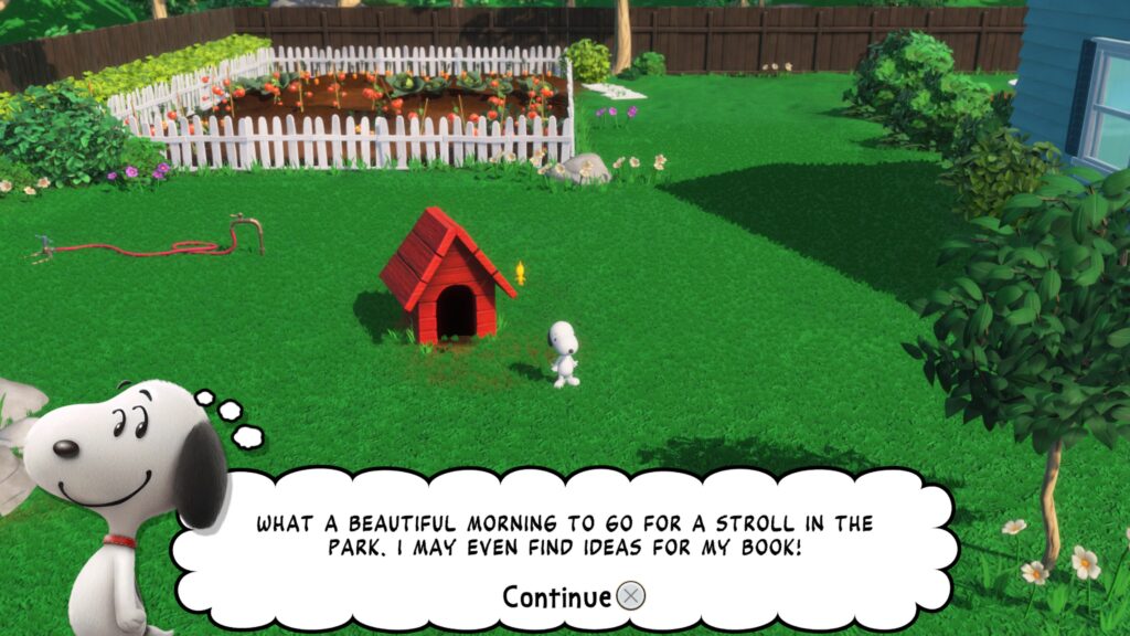 Snoopy & The Great Mystery Club: Snoopy and Woostock stand in the garden with a speech bubble on the screen