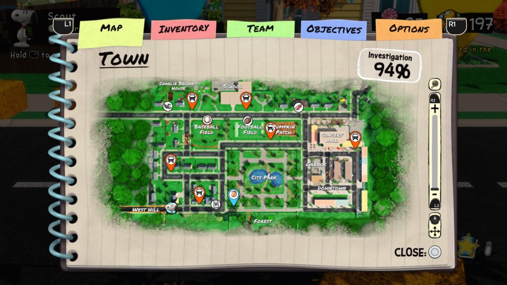 Snoopy & The Great Mystery Club: the town map showing 94% of the investigation completed