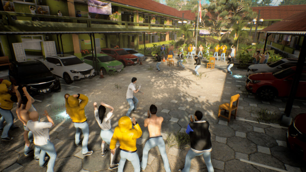 Troublemaker - Budi faces off against a gang of black jacket wearing thugs while students cirlce roung them all