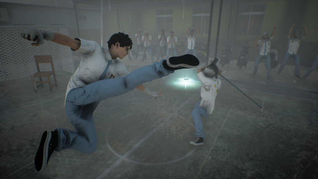 Troublemaker - Budi throws a flying kick against a masked boss wielding a brush as a weapon