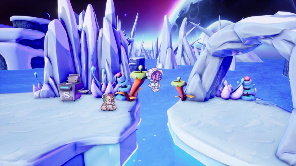 Escape from Ever After - Flynt and Patches navigate an ice level. Flynt wears a spacesuit