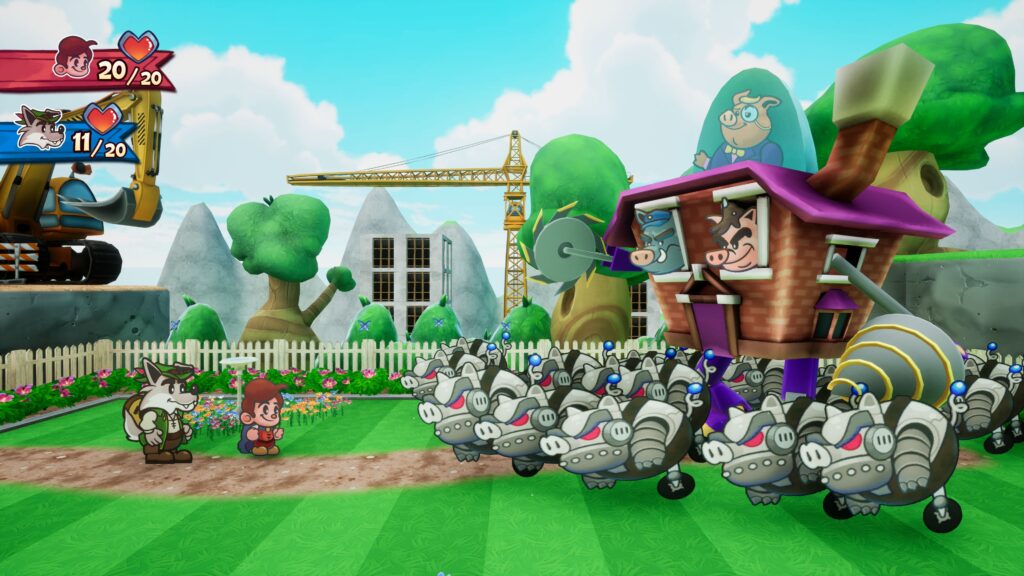 Escape from Ever After - Flynt and Wolfgang are about to be swarmed by robotic Pigs while the Three pigs look down from their house of bricks