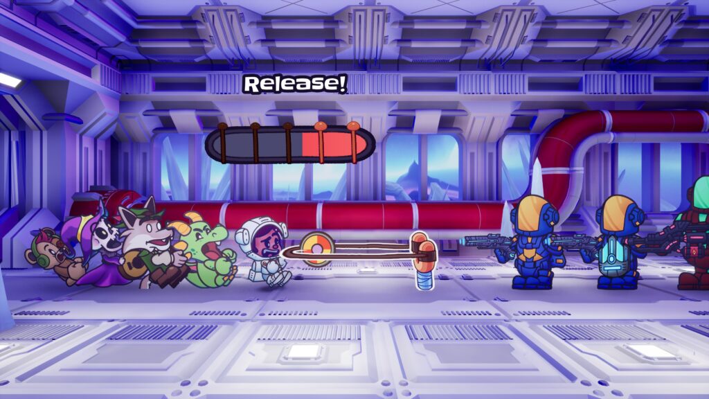 Escape from Ever After - the full gang pulls back on a giant slingshot in one of the games synergy attacks