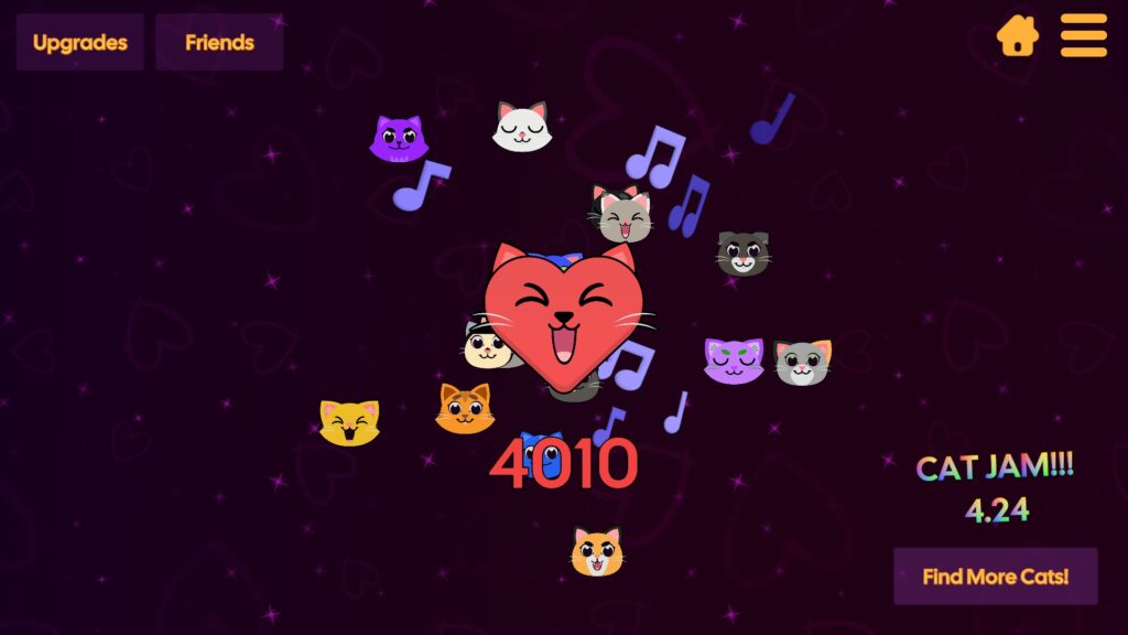 Incremental Cats - Hearty in the middle of the screen with flying cat heads and music notes