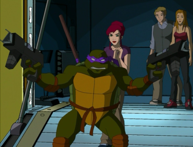 Donatello protecting April and 2 other victims - 2003 TV Show Teenage Mutant Ninja Turtles