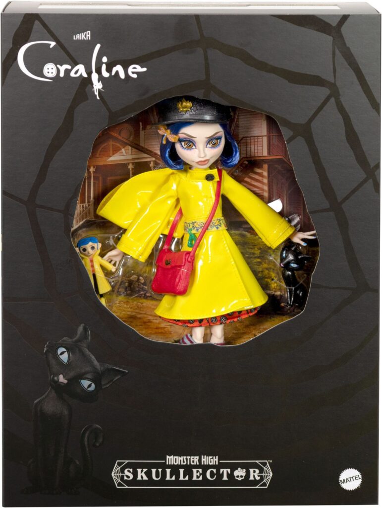 The Coraline doll in her box with a beautiful web design