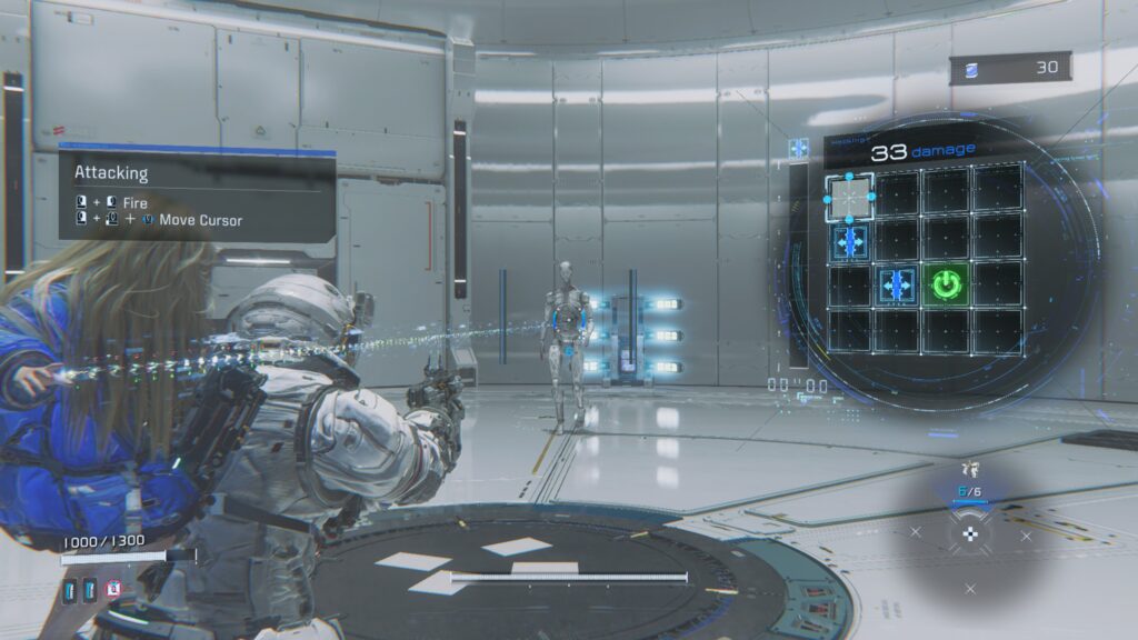 Hugh and Diana in a white room. A beam is coming from Diana's hand focused on a robot enemy. A grid pattern is shown on the right of the screen illustrating the hacking game
Pragmata