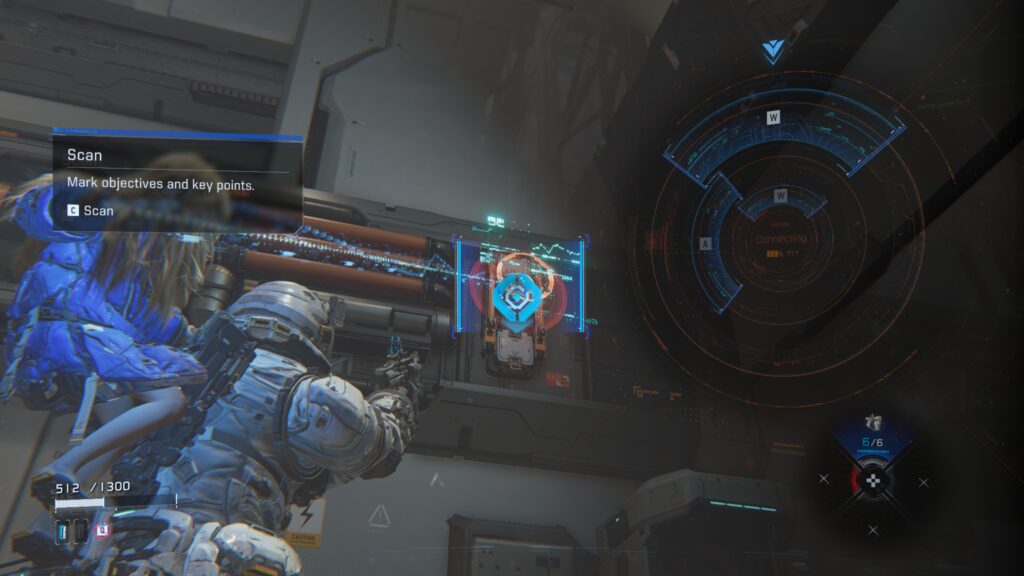 The main character Hugh with Diana perched on his back aiming at a terminal on the wall to hack.
Pragmata