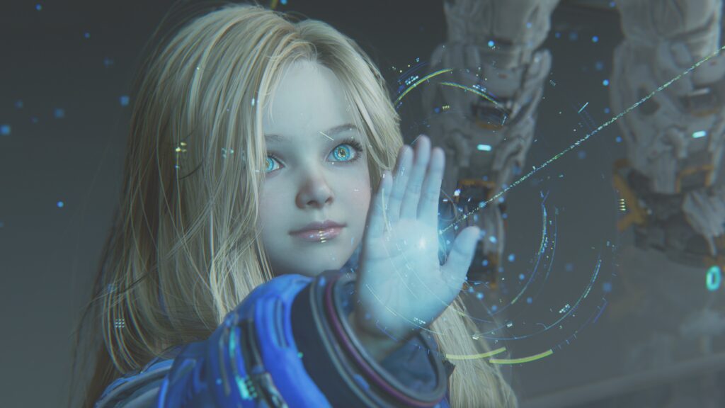 The second protagonist Diana, an android with the appearance of a young child, firing a hacking beam from her hand
Pragmata