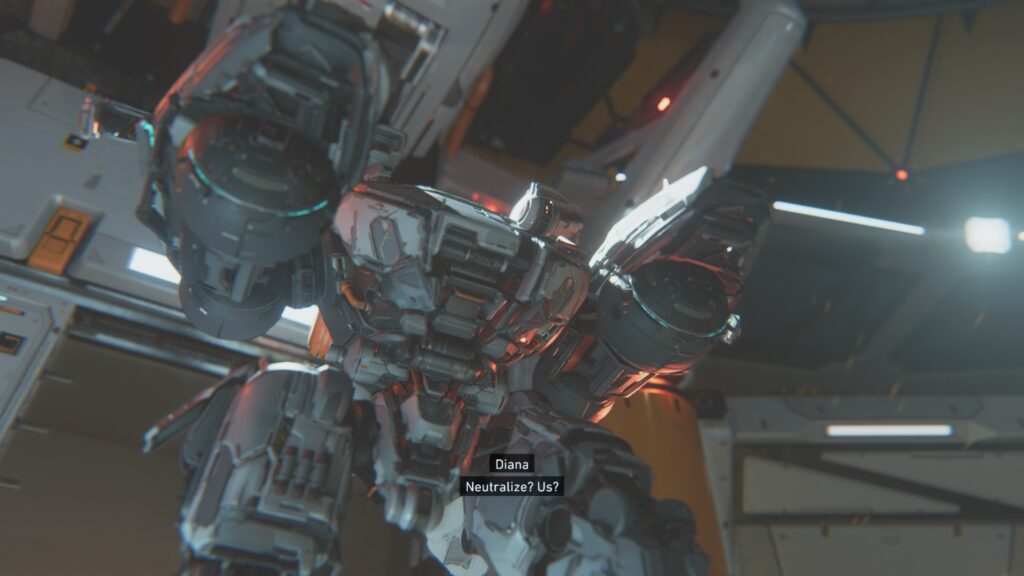 A giant bipedal robot looming in a domed room
Pragmata