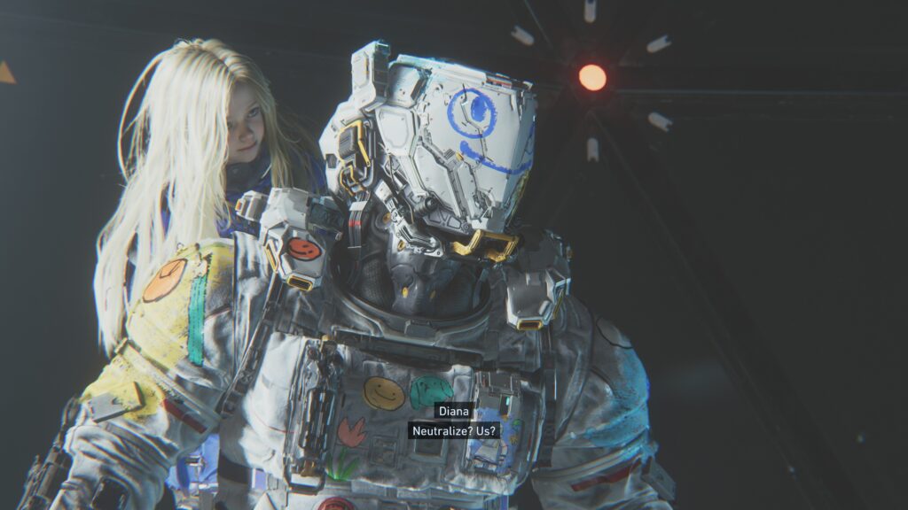 Hugh in his typical white suit with Diana perched on his back looking over his shoulder. The typically white suit has been graffitied with childish scribbles and drawings
Pragmata