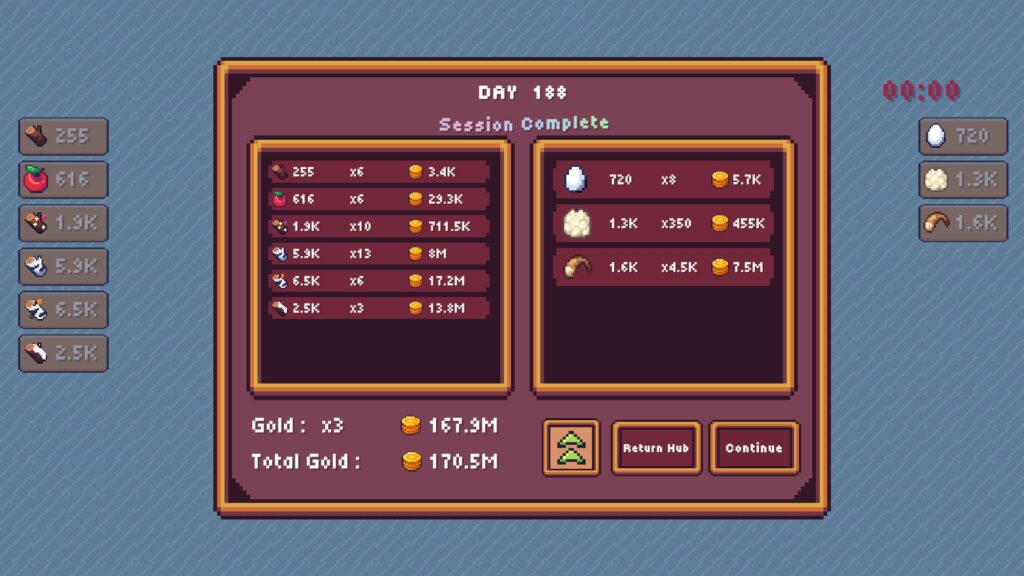 Tiny Biomes Cozy Idle - a pixel design menu showing the results of the latest day