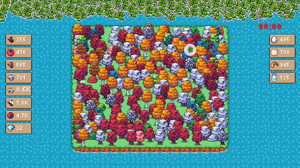 Tiny Biomes Cozy Idle - the island later in the game with lots of bonuses active