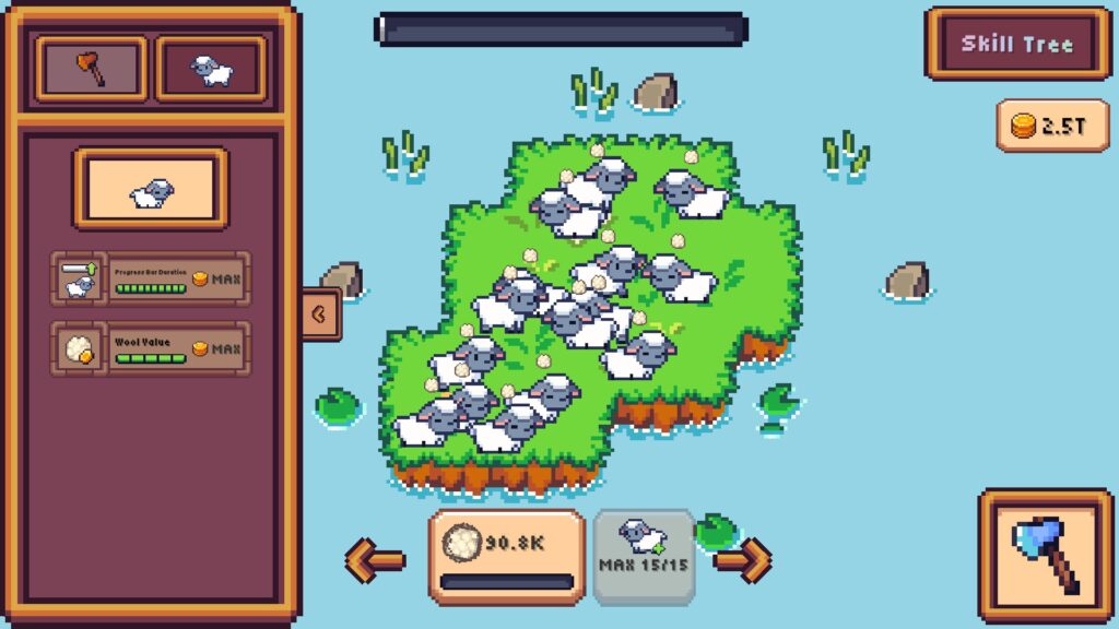 Tiny Biomes Cozy Idle - an island with sheep showing the upgrades
