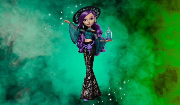 Monster High - A Doll with purple hair and a black hat on. She is very botanical with flares top and trousers which are covered in a gold pattern of leaves and butterflies. 