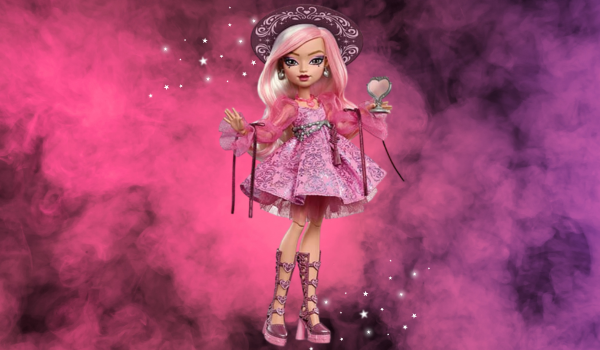 Monster High - A doll wearing pink with pink hair and a pink hat. She is holding what looks like a love potion. 