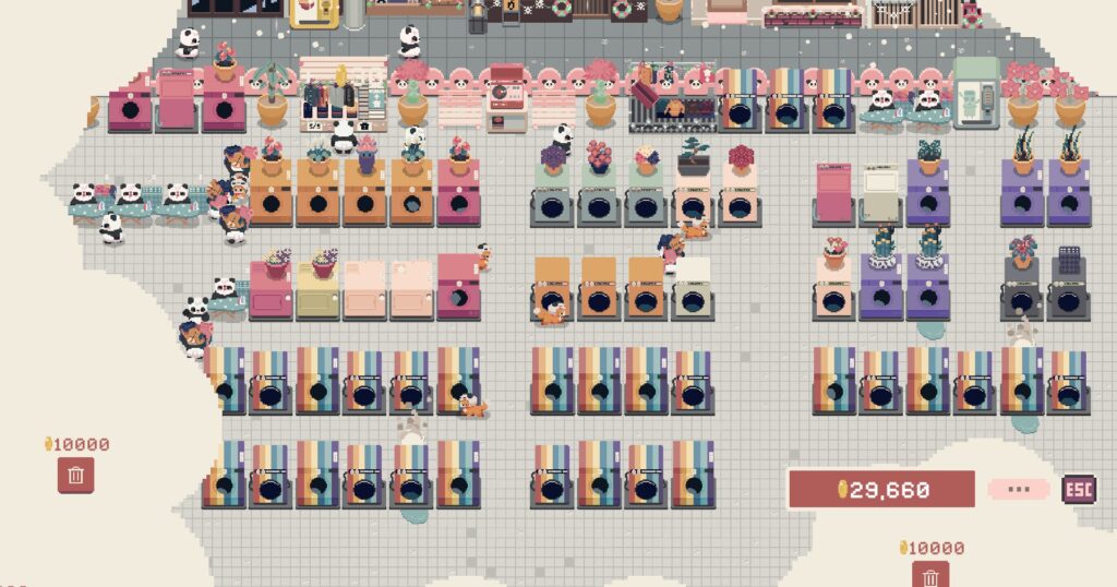 Bao Bao’s Cozy Laundromat - a zoomed out view of a 2d environment with lots of washing machines and dryers